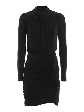 Michael Kors Black Long-Sleeve Tie-Neck Ruched Dress